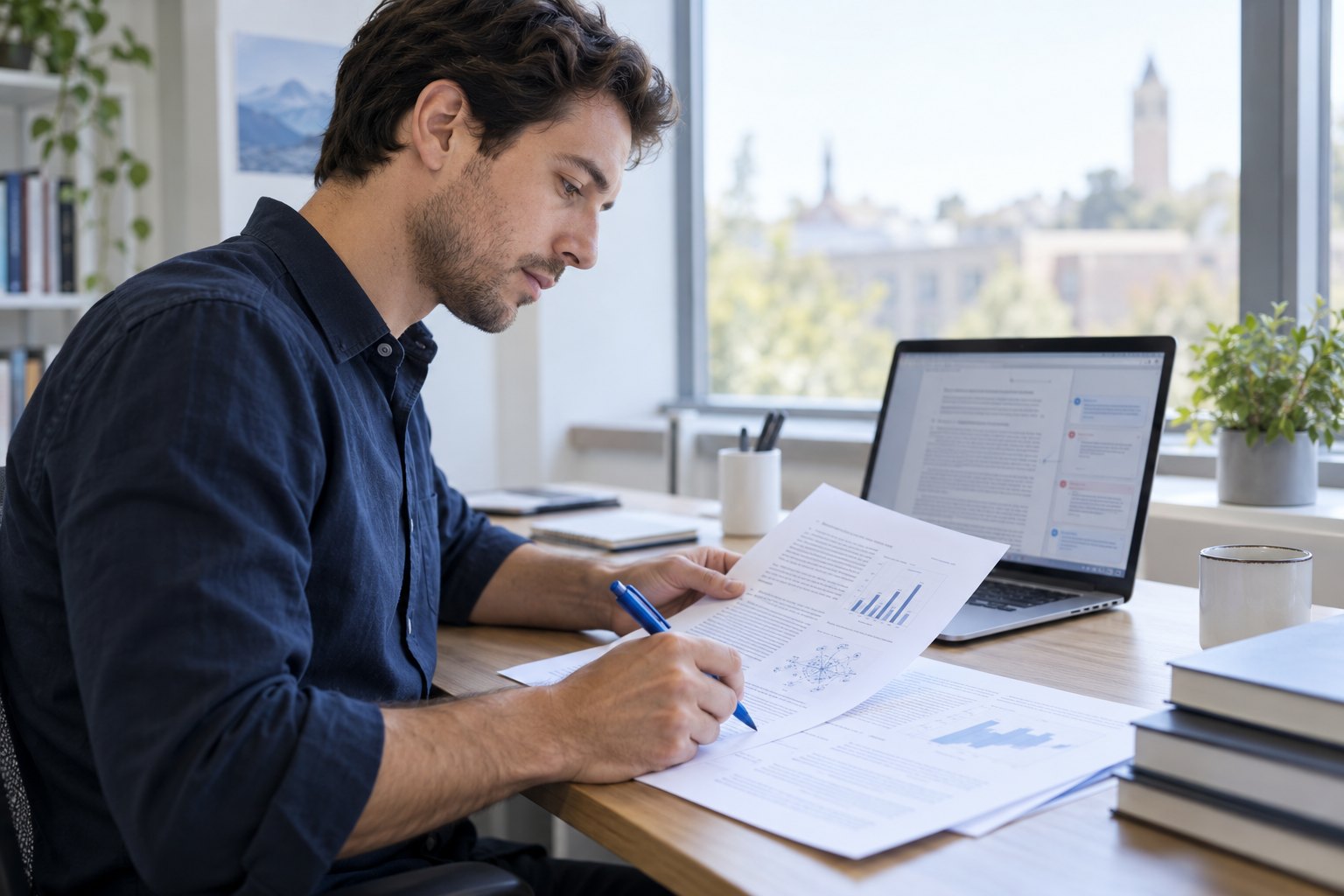 Illustrative researcher annotating a scientific manuscript beside a laptop showing review comments